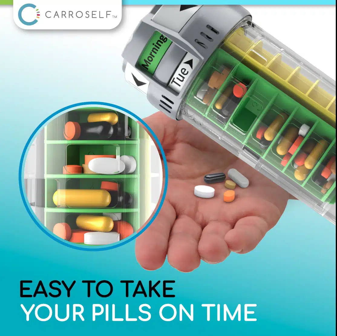 Carroself Smart Design Pill Dispenser Organizer Medication Dispenser Set with 4 Pills Cartridges Container, Medicine Storage Locked 