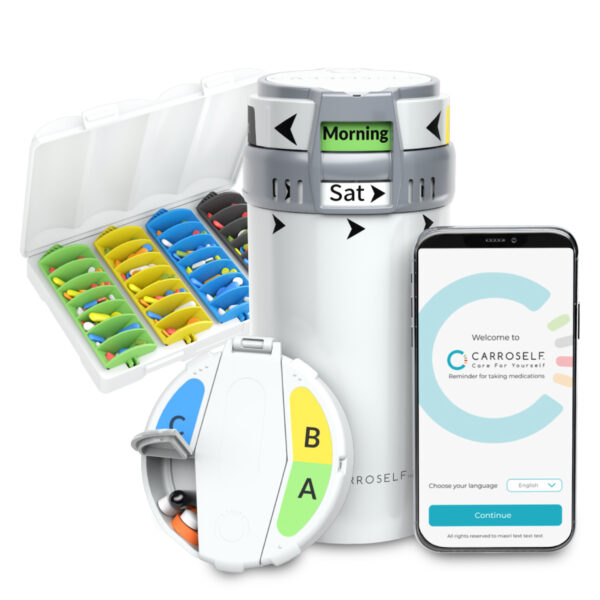 Carroself full set- Smart Pill Dispenser + CarroSelf  Reminder App + To-Go Pill Box & Box with 4 cartridges